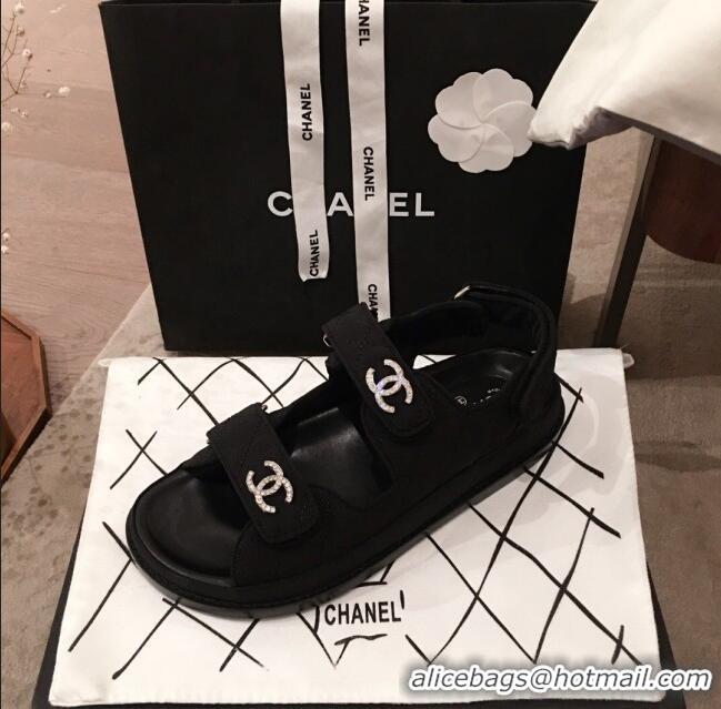 Discount Chanel Canvas Strap Crystal CC Flat Sandals G3446 Black 2020