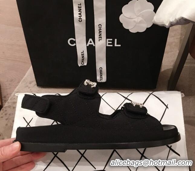 Discount Chanel Canvas Strap Crystal CC Flat Sandals G3446 Black 2020