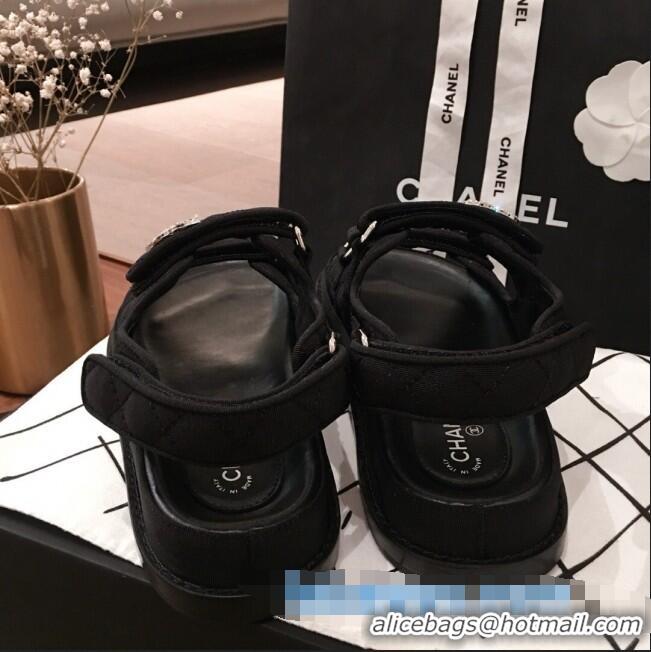 Discount Chanel Canvas Strap Crystal CC Flat Sandals G3446 Black 2020