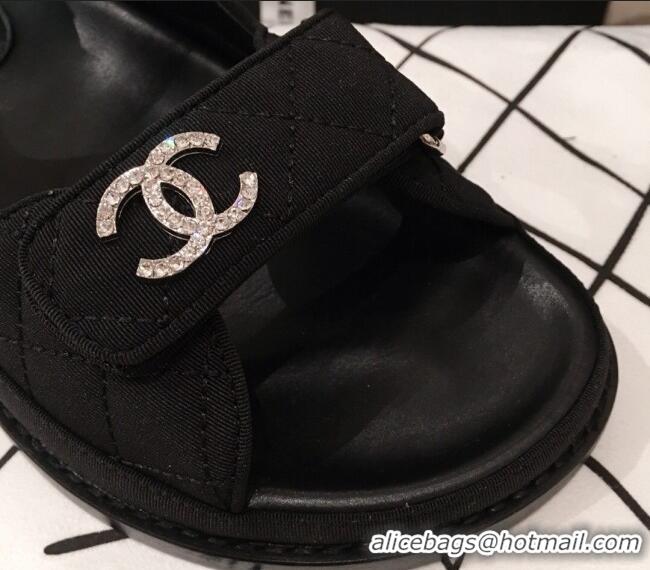 Discount Chanel Canvas Strap Crystal CC Flat Sandals G3446 Black 2020