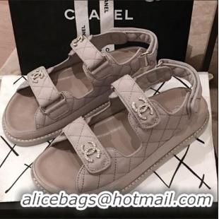 Best Grade Chanel Leather Strap Crystal CC Flat Sandals G3446 Gray 2020