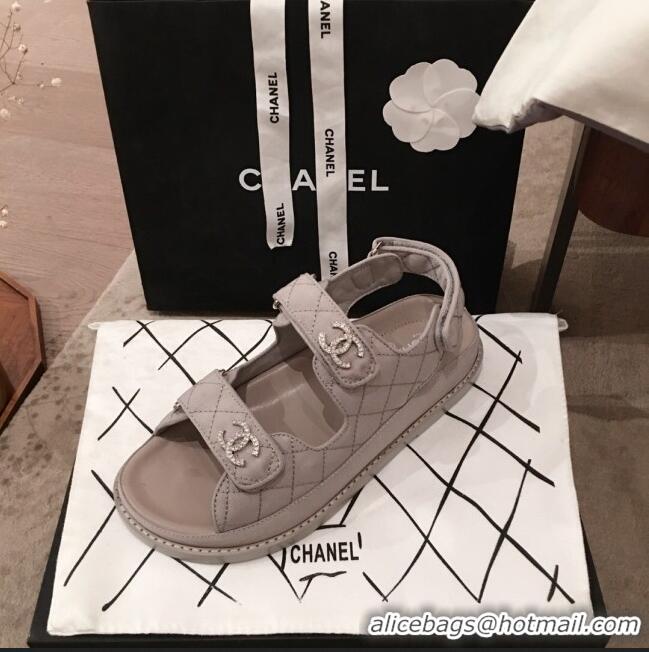 Best Grade Chanel Leather Strap Crystal CC Flat Sandals G3446 Gray 2020