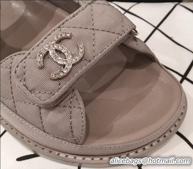 Best Grade Chanel Leather Strap Crystal CC Flat Sandals G3446 Gray 2020