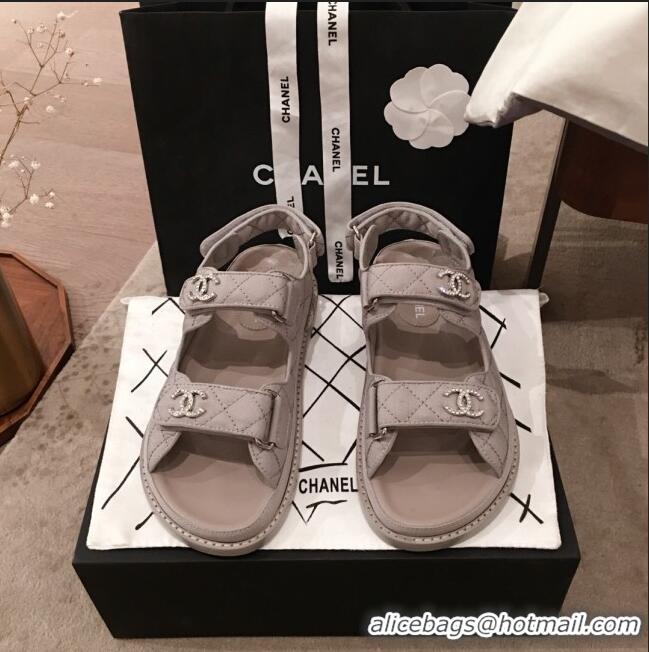 Best Grade Chanel Leather Strap Crystal CC Flat Sandals G3446 Gray 2020