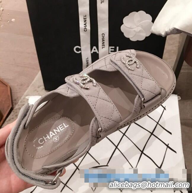 Best Grade Chanel Leather Strap Crystal CC Flat Sandals G3446 Gray 2020