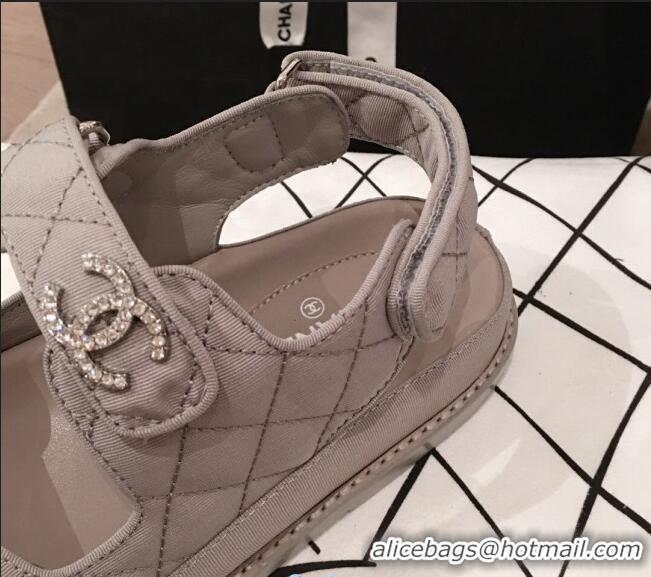 Best Grade Chanel Leather Strap Crystal CC Flat Sandals G3446 Gray 2020