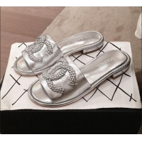 Low Price Chanel Chain CC Metallic Leather Flat Mules Slide Sandals G35532 Silver 2020