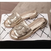 Discount Chanel Chain CC Metallic Leather Flat Mules Slide Sandals G35532 Gold 2020