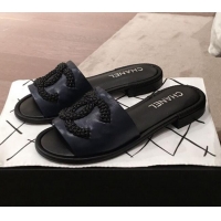 Low Cost Chanel Chain CC Lambskin Flat Mules Slide Sandals G35532 Navy Blue 2020