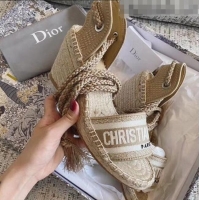 New Product Dior Embroidered Canvas Lace-up Wedge Espadrilles Sandals G62806 Beige 2020