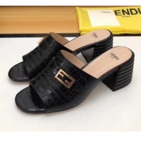 Cheap Price Fendi Crocodile Pattern Calfskin Promenade Slides Sandals With 6cm Heel F42318 Black 2020