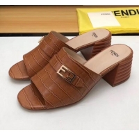 Faux Fendi Crocodile Pattern Calfskin Promenade Slides Sandals With 6cm Heel F42318 Brown 2020