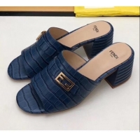 Grade Quality Fendi Crocodile Pattern Calfskin Promenade Slides Sandals With 6cm Heel F42318 Blue 2020