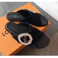 Spot Bulk Louis Vuitton Canvas Cross Strap Flat Slide Sandal with Crystal Buckle LV2412 Black 2020