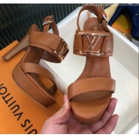 Good Quality Louis Vuitton Horizon Grained Calfskin Square LV Platform Sandal 100MM LV2432 Brown 2020