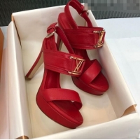 Imitation Louis Vuitton Horizon Grained Calfskin Square LV Platform Sandal 100MM LV2432 Red 2020