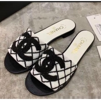 Inexpensive Chanel Pearl Check Embroidered Slide Sandals C70839 White/Black 2020