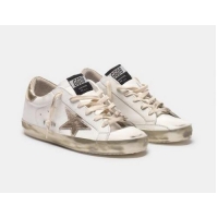 Discount Golden Goose Super-Star sneakers with gold sparkle foxing and metal stud lettering GGBD12