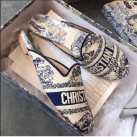 Luxury Cheap Dior Toile de Jouy Embroidered Canvas Flat Off Mules CD0404 Blue 2020