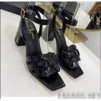 Famous Brand Saint Laurent Crocodile Print Calfskin Sandal With 6.5cm Heel Y41010 Black 2020