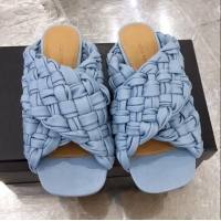 Top Quality Bottega Veneta Lambskin Woven Cross Strap Flat Slide Sandals BV1319 Light Blue 2020