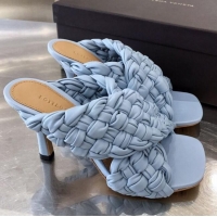 Free Shipping Bottega Veneta Lambskin Woven Heel Slide Sandals 90mm BV2425 Light Blue 2020