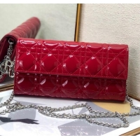 New Style Dior Lady Dior Long Wallet on Chain WOC in Patent Cannage Calfskin CD1022 Red