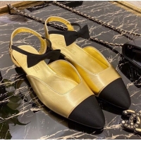 Top Design Chanel Laminated Leather Flat Mary Janes Slingback with Black Bow G36361 Gold 2020