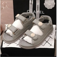 Classic Specials Chanel Leather Strap CC Button Flat Sandals G3445 Gray 2020