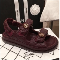 Good Taste Chanel Leather Strap CC Button Flat Sandals G3445 Burgundy 2020