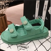 Inexpensive Chanel Leather Strap CC Button Flat Sandals G3445 Green 2020