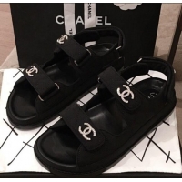 Discount Chanel Canvas Strap Crystal CC Flat Sandals G3446 Black 2020