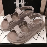 Best Grade Chanel Leather Strap Crystal CC Flat Sandals G3446 Gray 2020