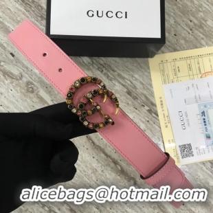 Grade Gucci Leather belt with crystal Double G buckle 480199 pink