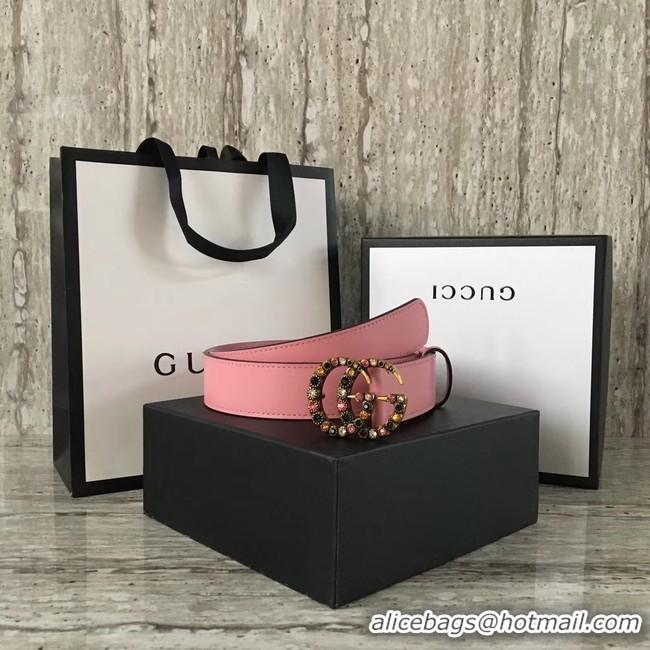 Grade Gucci Leather belt with crystal Double G buckle 480199 pink