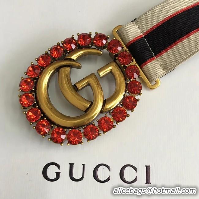 Best Product Gucci stripe belt with Double G and crystals 499633 white&blue