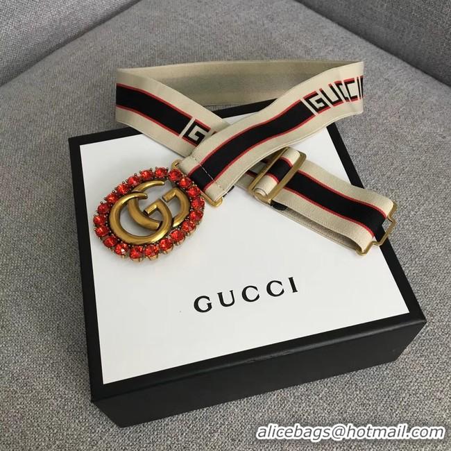 Best Product Gucci stripe belt with Double G and crystals 499633 white&blue