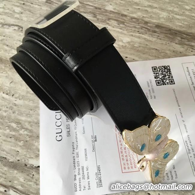 Feminine Gucci leather belt with butterfly A409417 Black