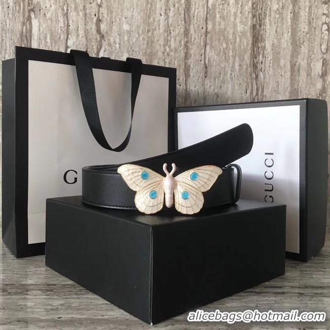 Feminine Gucci leather belt with butterfly A409417 Black