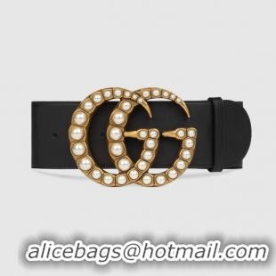 Cheap Design Gucci Wide leather belt with pearl Double G 453261 black