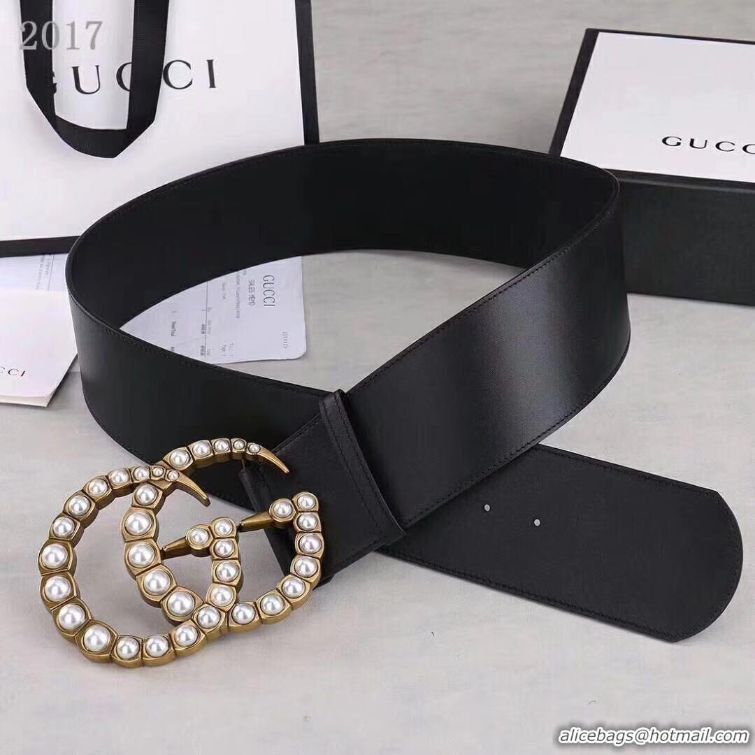 Cheap Design Gucci Wide leather belt with pearl Double G 453261 black