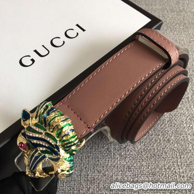 Popular Style Gucci Leather belt with tiger head 543152 pink