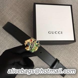 Duplicate Gucci Leather belt with tiger head 543152 black