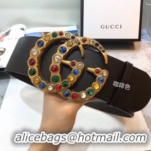 Best Product Gucci Leather belt with crystal Double G buckle 550111 Chocolates