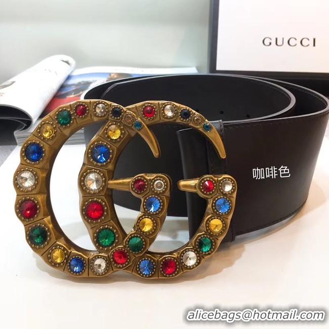 Best Product Gucci Leather belt with crystal Double G buckle 550111 Chocolates