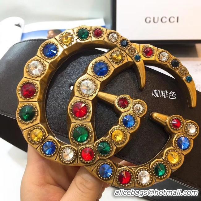 Best Product Gucci Leather belt with crystal Double G buckle 550111 Chocolates