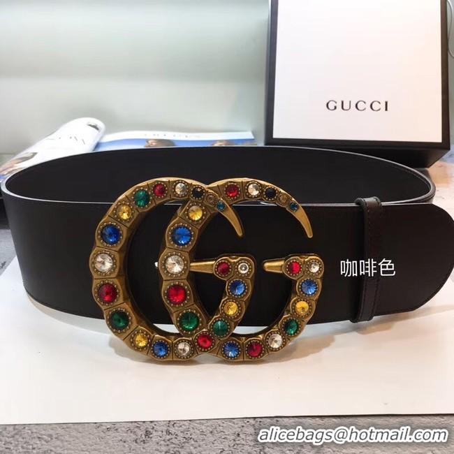 Best Product Gucci Leather belt with crystal Double G buckle 550111 Chocolates