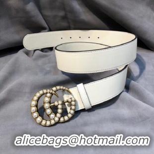 Perfect Gucci 3.5cm leather belt with pearl Double G 453261 white