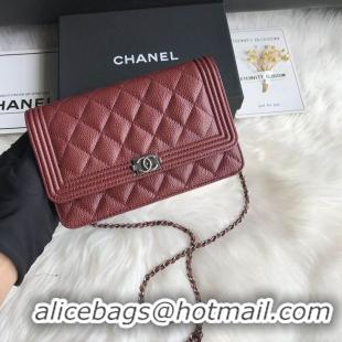 Best Grade Chanel Grained Leather Boy Wallet On Chain WOC Bag A80287 Burgundy Silver