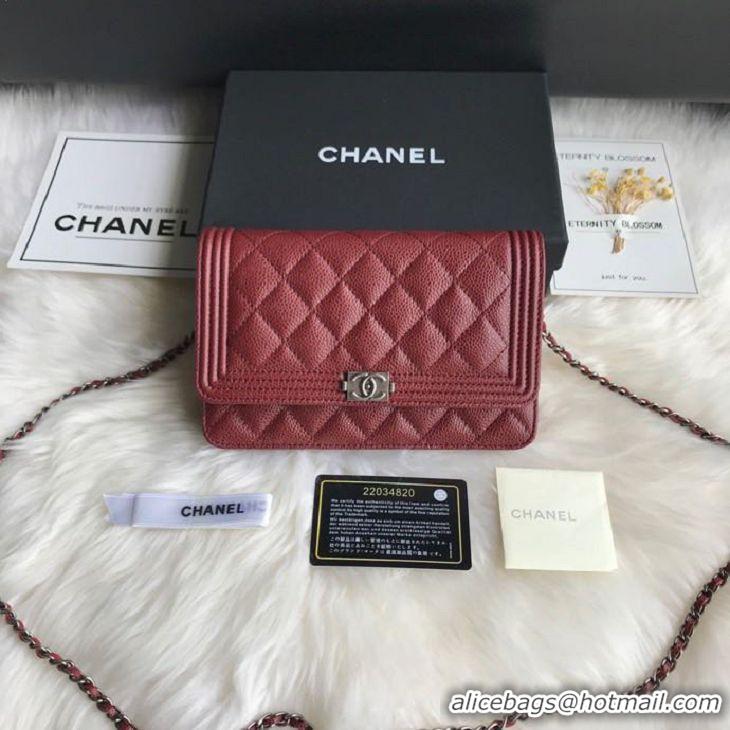 Best Grade Chanel Grained Leather Boy Wallet On Chain WOC Bag A80287 Burgundy Silver